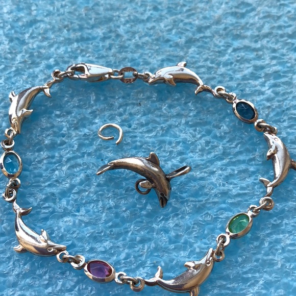 Sterling silver gemstone dolphin bracelet charm - Picture 1 of 3